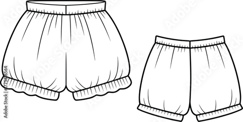 Bloomers technical sketch front view, elastic waistband, gathered leg openings, puffed silhouette, fashion flat, garment design, vector template, cad drawing flat vector illustration