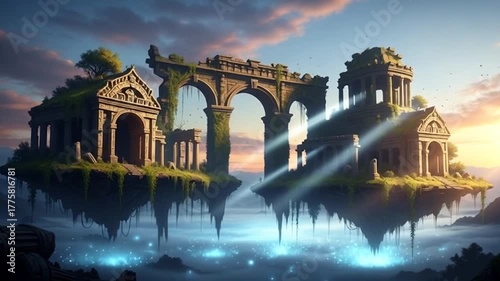 Experience a breathtaking fantasy landscape with ancient ruins floating serenely above a misty sea, bathed in the warm glow of the setting sun, perfect for travel inspiration and adventure