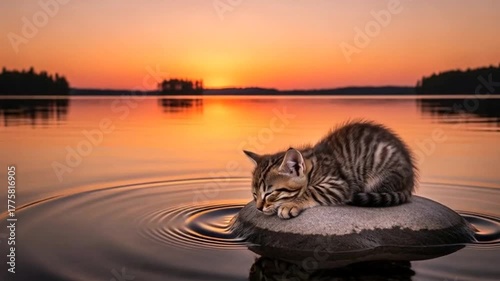 Watch as a cute kitten rests peacefully on a rock in a serene lake at sunset, creating a scene of tranquility and natural beauty, evoking feelings of peace and wonder, perfect for relaxation videos