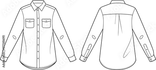 Button-up shirt fashion sketch, chest pocket shirt design, long sleeve garment template, technical clothing drawing, apparel vector outline, cad drawing flat vector illustration