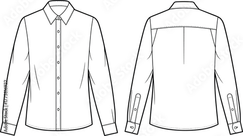 Button-up shirt fashion sketch, long sleeve shirt template, technical garment drawing, pointed collar design, apparel vector outline, cad drawing flat vector illustration