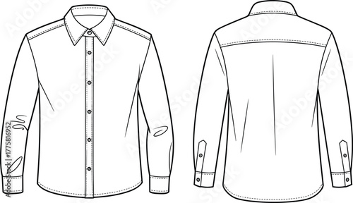Button-up shirt fashion sketch, pointed collar shirt design, long sleeve garment template, technical clothing drawing, apparel vector outline, cad drawing flat vector illustration
