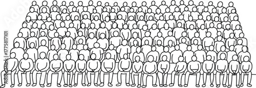 Cartoon crowd, seated audience, minimal human figures, black and white line drawing, group gathering, event spectators, organized rows, simple character sketch