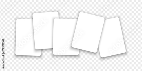 Five blank white playing, gift or discount cards mockups isolated on transparent background. Template of playcards for royal flush combination. Poker game concept. Vector realistic illustration.