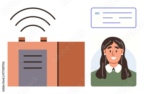 wireless router emitting signals, profile avatar of a smiling individual in professional attire, and online interface box. Ideal for technology, communication, networking, connection, internet