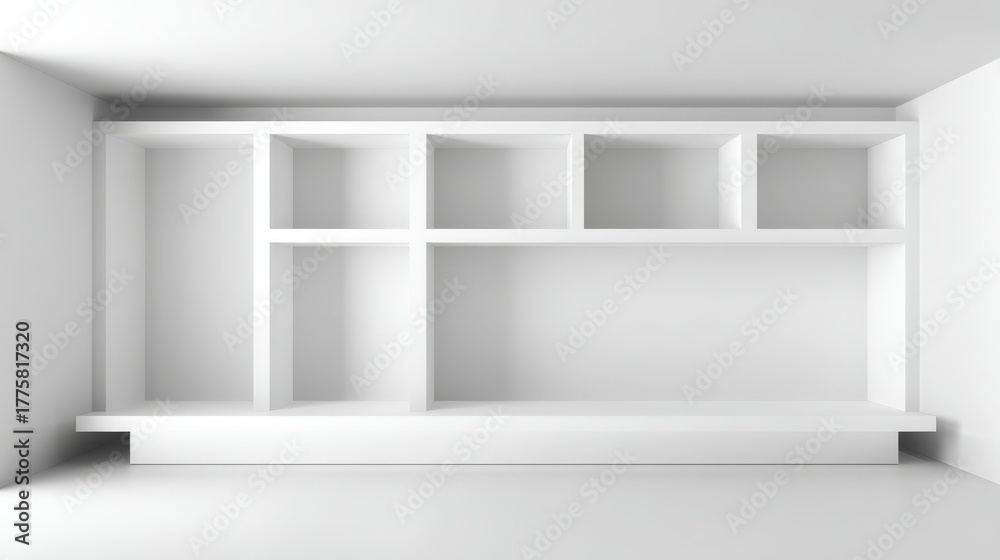 Fototapeta premium Clean, Modern White Bookshelf Built-in Wall Niche with Empty Shelves Ready for Interior Decoration