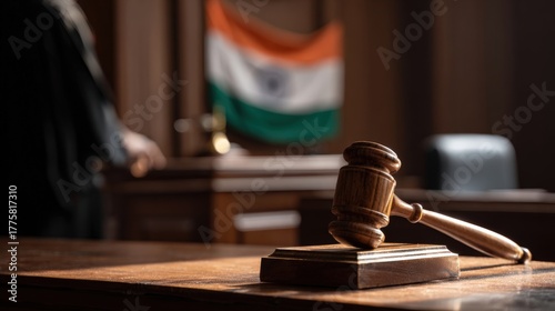 Courtroom scene displaying a wooden gavel and Indian flag, representing the Indian justice system