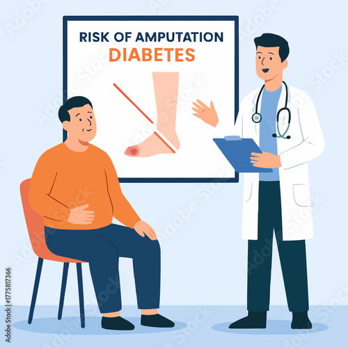 Flat vector of doctor explaining amputation risk to diabetic patient with limb diagram