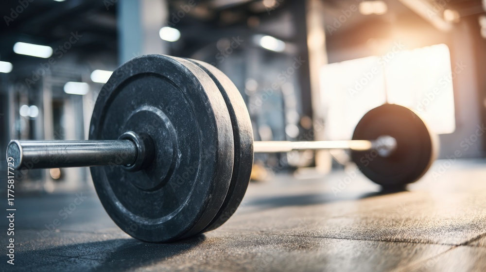 Naklejka premium Barbell with Weights on Gym Floor for Strength Training and Fitness Equipment