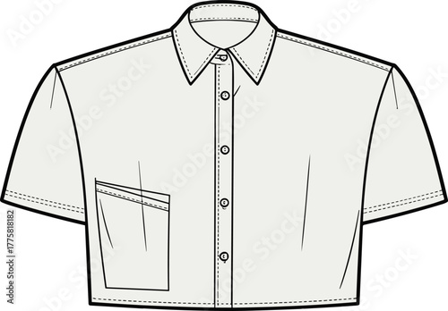 Cropped button up shirt front view, short sleeve design, chest pocket detail, fashion flat sketch, garment cad drawing vector illustration