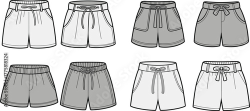 Eight shorts fashion sketches, pocket and waistband variations, drawstring styles, front views, garment construction detail, CAD drawing, flat vector illustration