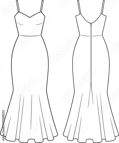Evening gown, mermaid silhouette, sweetheart neckline, spaghetti straps, deep V-back, fitted bodice, fashion flat, CAD drawing, vector illustration, garment sketch