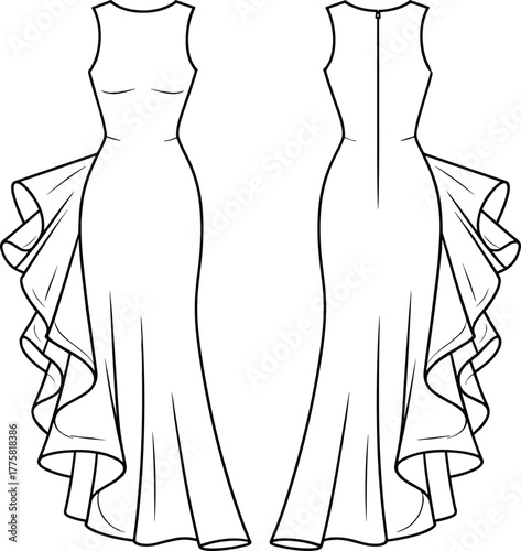Evening gown, sleeveless design, fitted bodice, ruffled sides, flowing skirt, zipper back, fashion flat, CAD drawing, vector illustration, garment sketch
