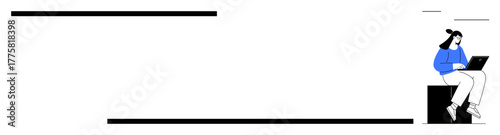 Woman using laptop while seated on a cube, simple minimalist accents. Ideal for technology, remote work, study, productivity, digital lifestyle, modern design, simple flat metaphor