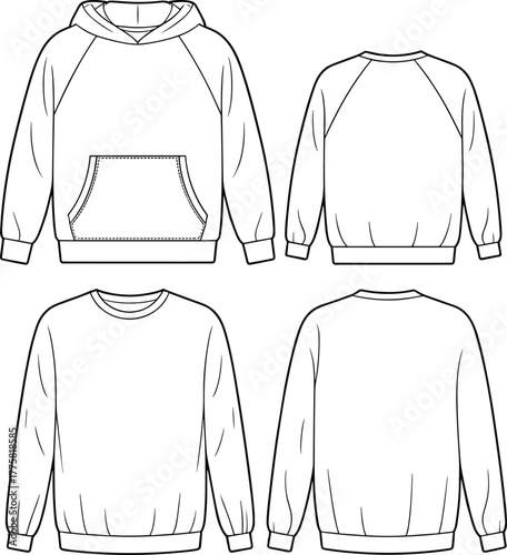 Hoodie and crewneck sweatshirt technical sketch, front and back view, sleeve construction comparison, fashion garment template, cad drawing flat vector illustration