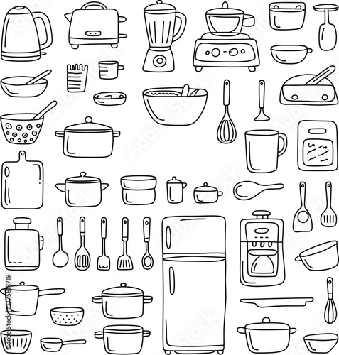 Kitchen appliances, cooking utensils, food preparation tools, blender, toaster, kettle, cookware, black and white line drawing, culinary equipment, home kitchen essentials