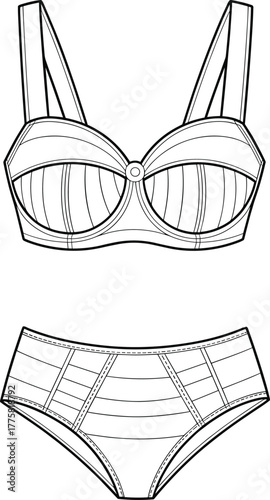 Lingerie set technical flat sketch, bra and panties front view, structured cup design, fashion vector drawing, garment design template, cad drawing flat vector illustration