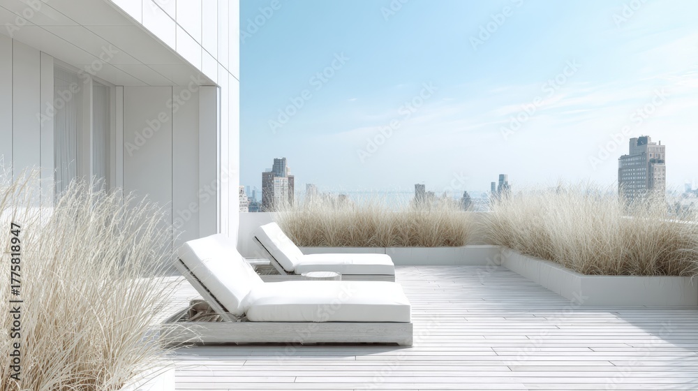 Obraz premium Modern Rooftop Terrace with City Skyline View, Featuring Chic White Loungers and Ornamental Grasses