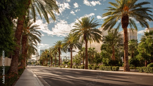 Las Vegas Street View with Palm Trees and City Skyline under a Sunny Sky