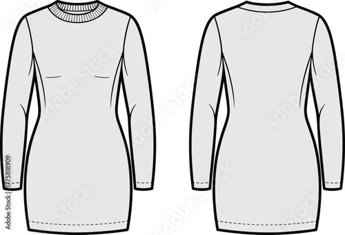 Long sleeve dress, technical fashion sketch, garment flat drawing, apparel design template, clothing vector outline, fitted silhouette, ribbed neckline, cad drawing flat vector illustration