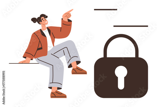 Woman pointing upward while sitting confidently near a large padlock, suggesting concepts of safety, privacy, solutions, guidance, protection, strategy, and reliability. Ideal for cybersecurity