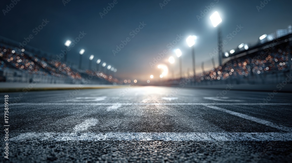 Obraz premium Illuminated Racing Track at Night with Blurred Grandstands, Representing Speed, Competition, and Motorsport