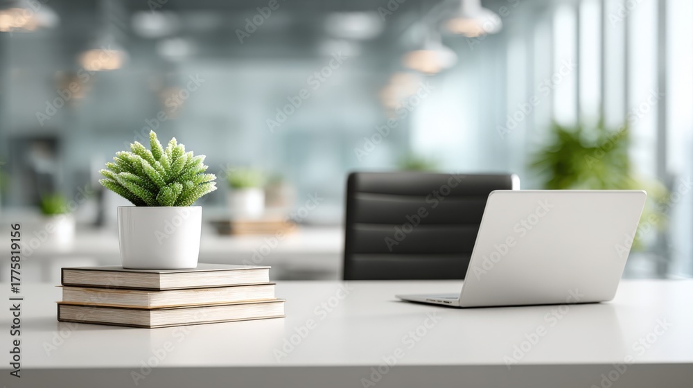 Fototapeta premium Modern Office Desk with Laptop, Books, and Potted Plant for a Productive Workspace Environment