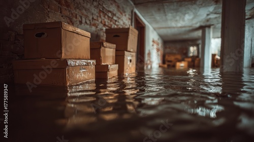 Flooded basement with wet cardboard boxes floating in water