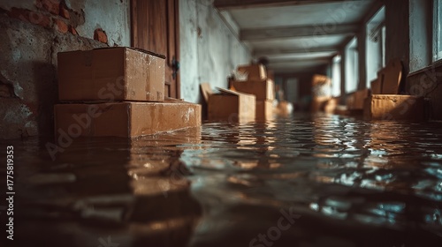 Flooded basement with wet cardboard boxes floating in water