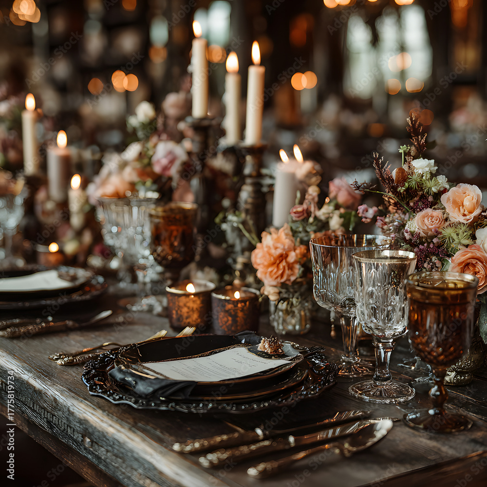 Naklejka premium Wedding, event celebration and autumn holiday tablescape, classic autumnal decor and formal dinner table setting in the country mansion, table scape with candles and floral decoration