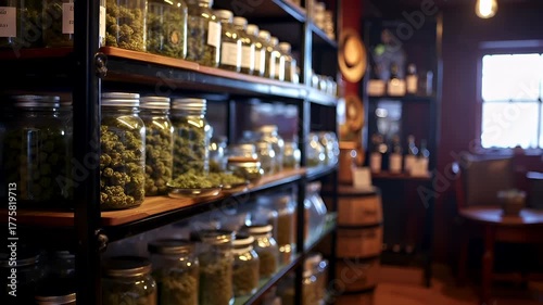 Marijuana cannabis topic concept. A closeup shot of a shelf in a store filled with glass jars containing various items. The jars are of different sizes and shapes, with some having labels on them.
