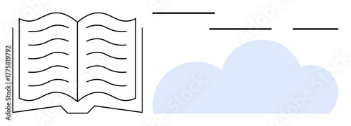 Open book, parallel lines as text, floating cloud. Ideal for concepts thumbs up learning, knowledge, education, cloud storage, creativity storytelling or technology. Simple flat metaphor