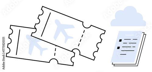 Two airplane tickets and a checklist document beside a cloud icon. Ideal for travel, ticketing, aviation, planning, organization, technology, and digital convenience concepts. Minimalist flat