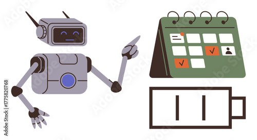 Robot pointing at task planner with marked dates and low battery icon. Ideal for automation, productivity, scheduling, time management, robotics, energy efficiency, technology. Simple flat metaphor