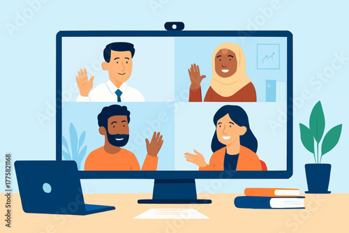 Office scene with gender-neutral signage and diverse employees working together harmoniously