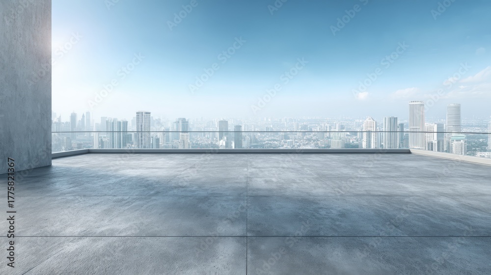 Obraz premium Modern Cityscape Balcony View with Clear Glass Railings and Bright Skyline, Architecture and Design