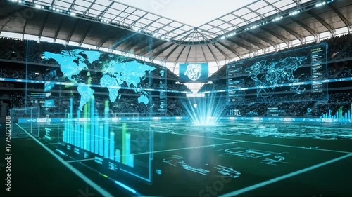 A football stadium with data visualizations overlayed on the pitch, displays charts and maps