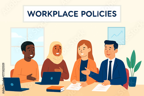 HR team reviewing inclusive workplace policies with diverse representation and open dialogue