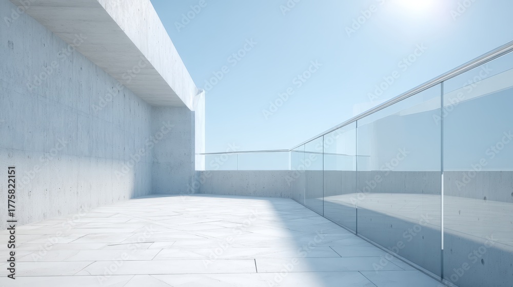 Fototapeta premium Minimalist Concrete Architecture with Glass Railing under Bright Sky, Modern Building Design and Geometric Structure