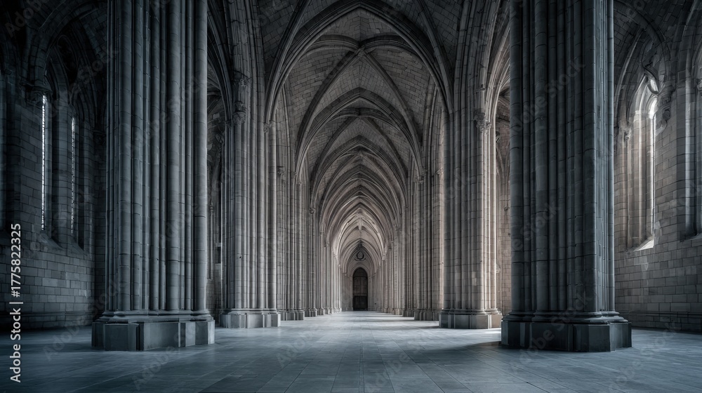 Obraz premium Majestic Gothic Architecture Interior with Vaulted Ceilings and Stone Columns in a Grand Hall