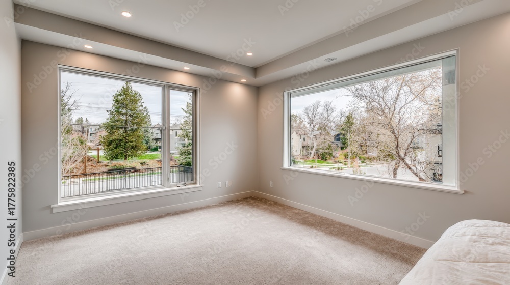 Fototapeta premium Bright and Spacious Bedroom Interior with Large Windows Overlooking a Serene Outdoor View