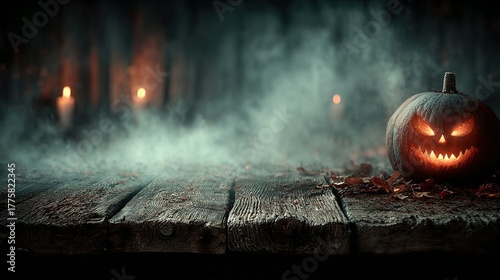 Halloween pumpkin on wooden surface with candles and smoke in background.