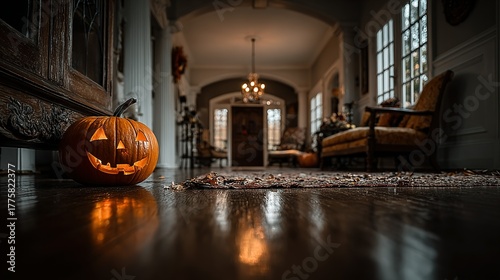 Halloween pumpkin sits on a shiny floor in a dimly lit house.