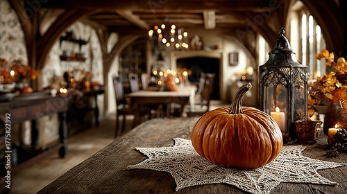 Pumpkin on table in rustic room with candles and autumn decorations.