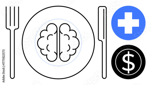 Brain served on a plate with fork and knife, plus health and money icons. Ideal for nutrition, mental health, mindfulness, decision-making, wellness, brain function cognitive development. Simple