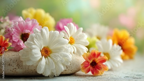Colorful Spring Flower Arrangement on Stone: Daisies, Carnations, and Mums for Floral Design