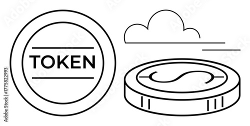 Circular token with Token text alongside a coin with a dollar sign, outlined in a sleek style and accompanied by a cloud. Ideal for cryptocurrency, blockchain, economy, fintech, digital assets