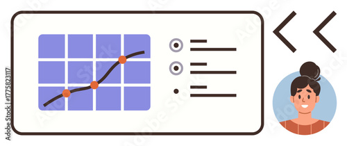 Line chart on grid alongside data points and text lists. Circular avatar represents user profile. Ideal for analytics, teamwork, digital tools, reports, education, strategy, simple flat metaphor