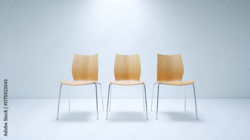 Fototapeta premium Empty Wooden Chairs in a Minimalist White Room, Spotlight on Opportunity, Recruitment, and Anticipation