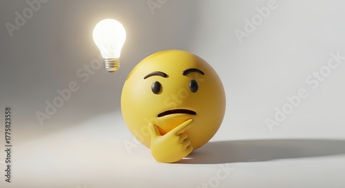 Yellow Thinking Emoji with Light Bulb Overhead on White Background
